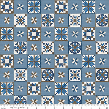 Winter Barn Quilts Blocks Blue Fabric - By the yard
