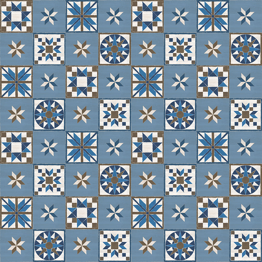 Winter Barn Quilts Blocks Blue Fabric - By the yard