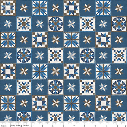 Winter Barn Quilts Blocks Dark Blue Fabric - By the yard