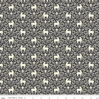 Yuletide Forest Deer Damask Charcoal Fabric - By the yard
