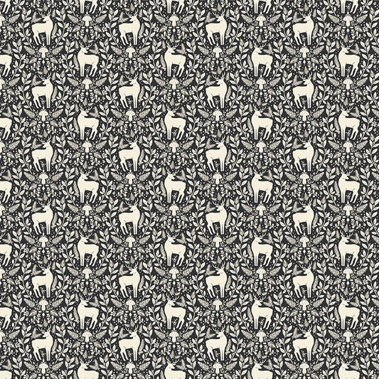 Yuletide Forest Deer Damask Charcoal Fabric - By the yard