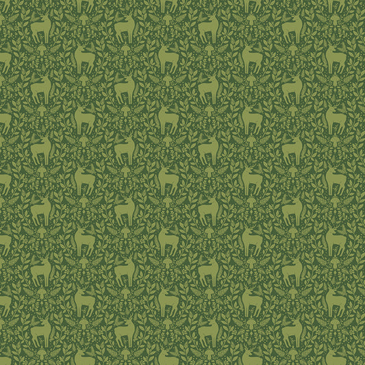 Yuletide Forest Deer Damask Green Fabric - By the yard
