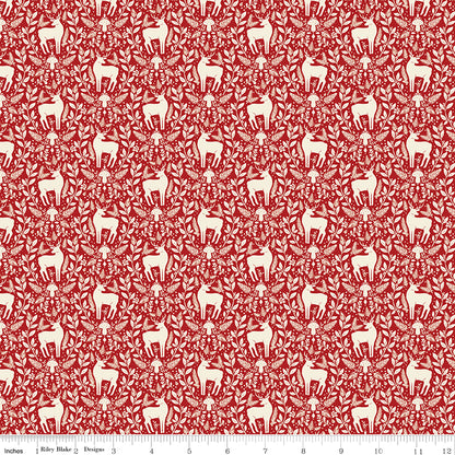 Yuletide Forest Deer Damask Red Fabric - By the yard