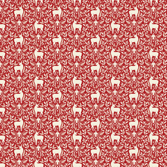 Yuletide Forest Deer Damask Red Fabric - By the yard