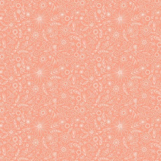 Homemade Outlined Flowers Coral Fabric - By the yard