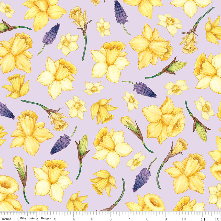 Monthly Placemats 2 April Daffodils Lavender Fabric - By the yard