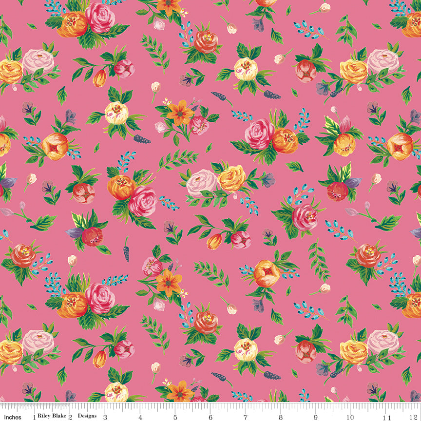 Monthly Placemats 2 August Floral Raspberry Fabric - By the yard