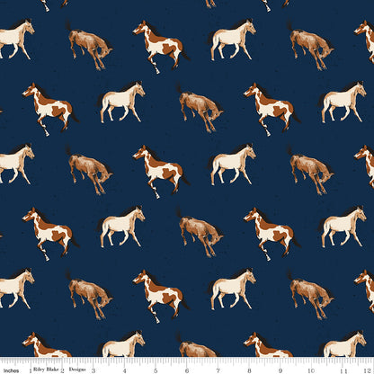 Wild Rose Horses Navy Fabric - By the yard