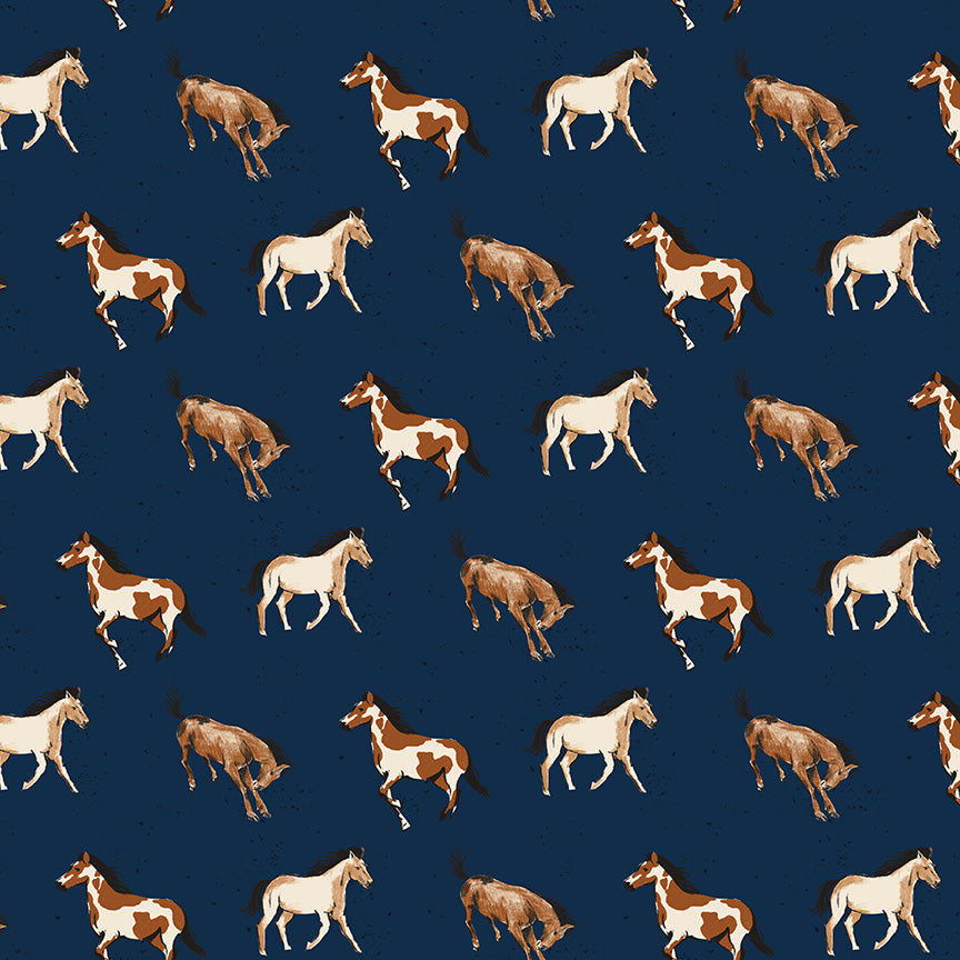 Wild Rose Horses Navy Fabric - By the yard