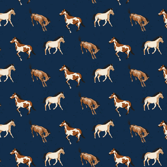 Wild Rose Horses Navy Fabric - By the yard