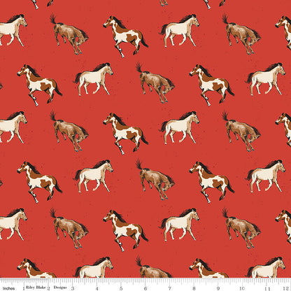 Wild Rose Horses Red Fabric - By the yard