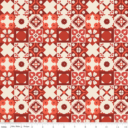 Wild Rose Tiles Red Fabric - By the yard