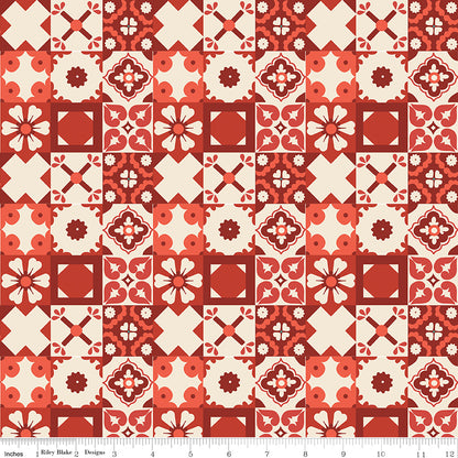 Wild Rose Tiles Red Fabric - By the yard