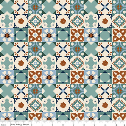Wild Rose Tiles Teal Fabric - By the yard