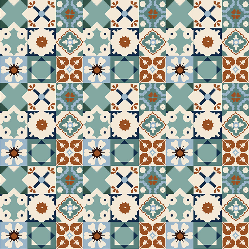 Wild Rose Tiles Teal Fabric - By the yard
