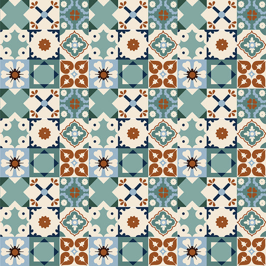 Wild Rose Tiles Teal Fabric - By the yard