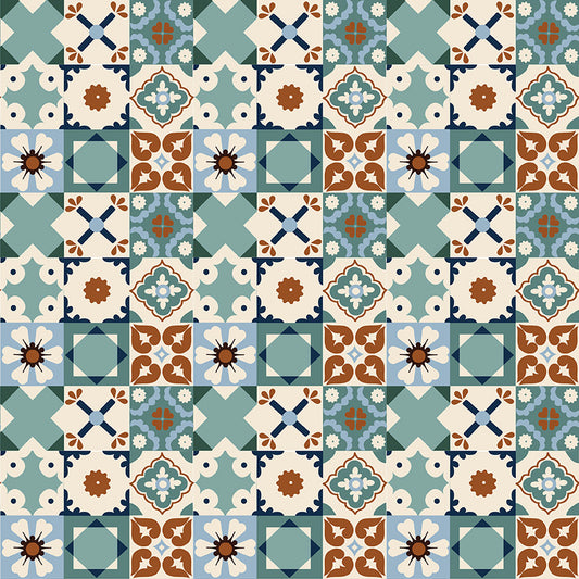 Wild Rose Tiles Teal Fabric - By the yard