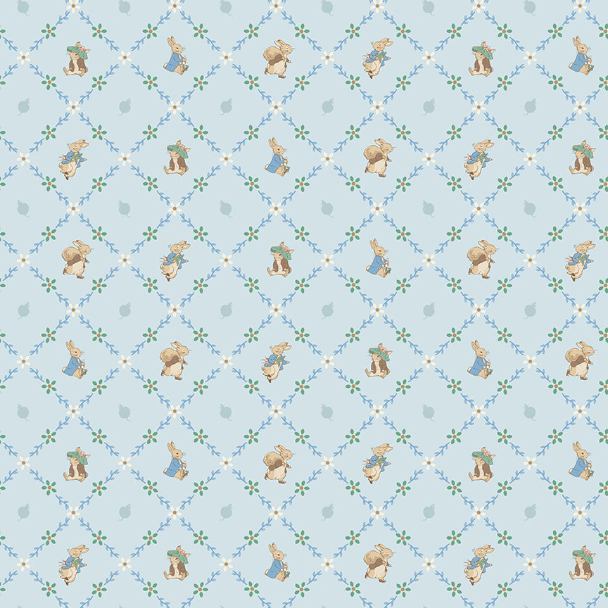 Peter Rabbit™ and Benjamin Bunny™ Lattice Blue Fabric