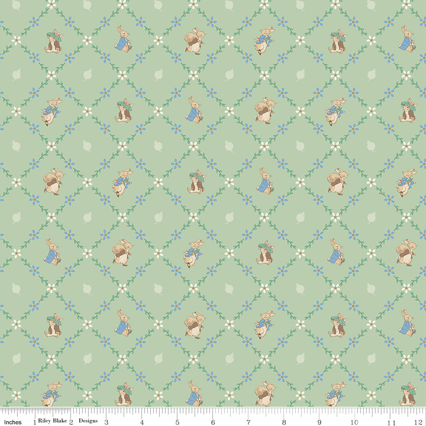 Peter Rabbit™ and Benjamin Bunny™ Lattice Green Fabric