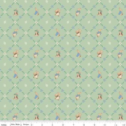 Peter Rabbit™ and Benjamin Bunny™ Lattice Green Fabric