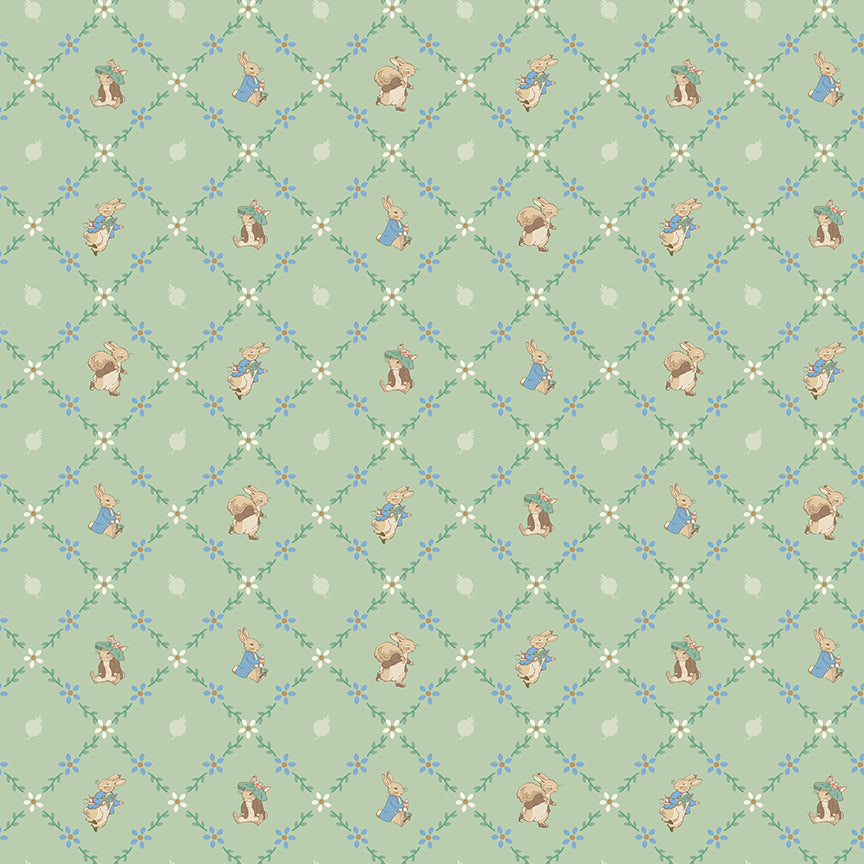 Peter Rabbit™ and Benjamin Bunny™ Lattice Green Fabric