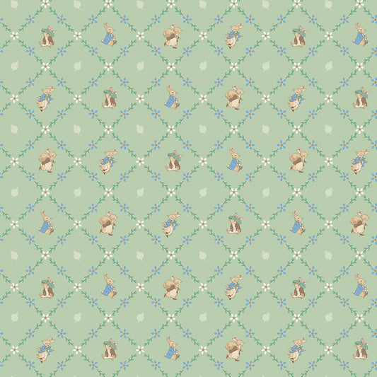 Peter Rabbit™ and Benjamin Bunny™ Lattice Green Fabric