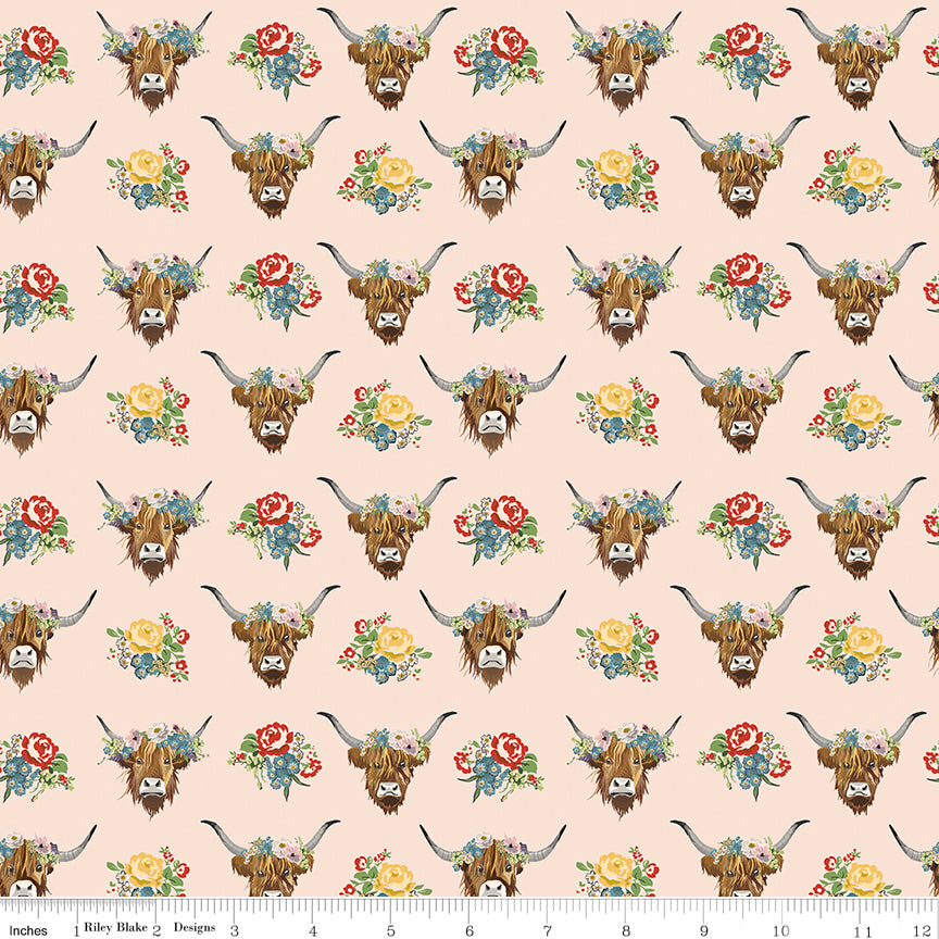 Cowgirl Highland Cows Blush Fabric