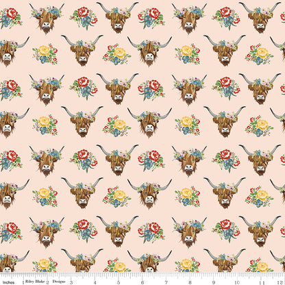 Cowgirl Highland Cows Blush Fabric - By the yard