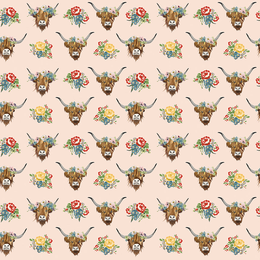 Cowgirl Highland Cows Blush Fabric