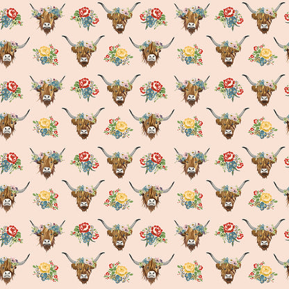 Cowgirl Highland Cows Blush Fabric - By the yard