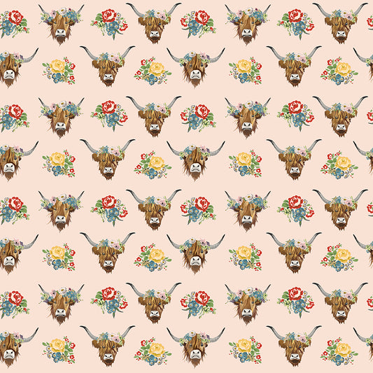Cowgirl Highland Cows Blush Fabric - By the yard