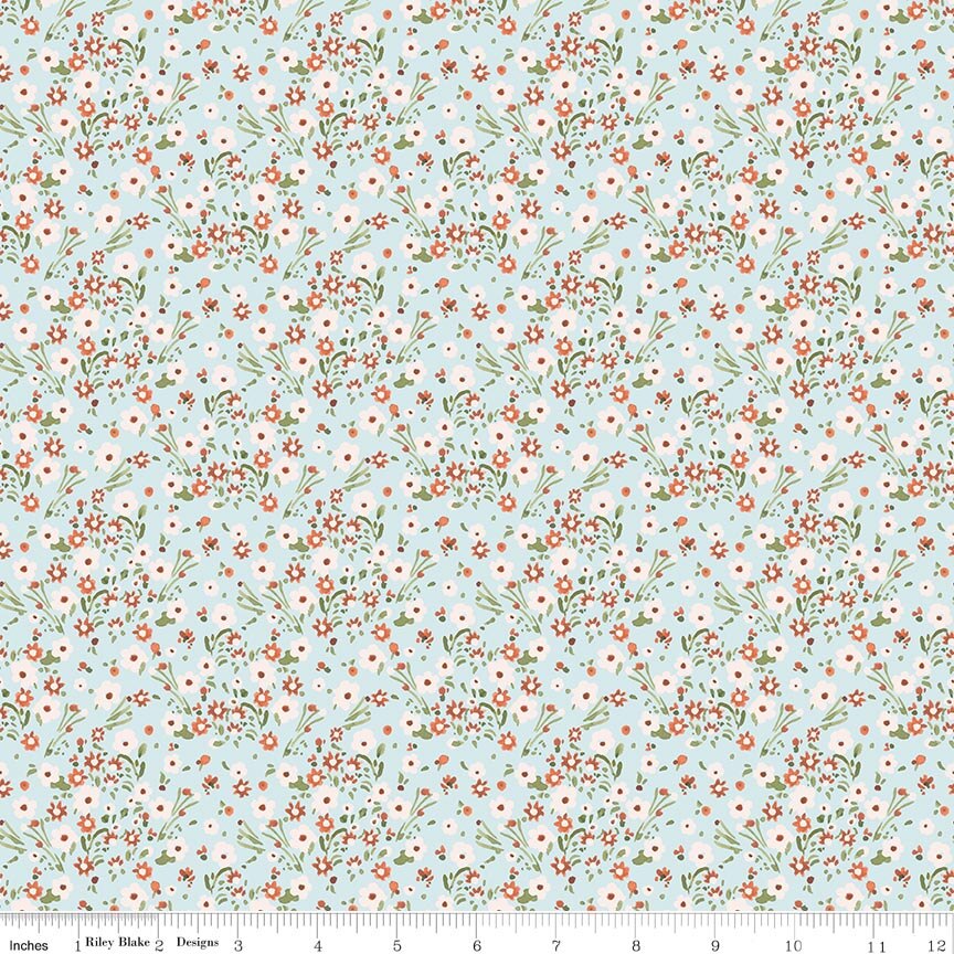 Sketchbook Blossoms Blue Fabric