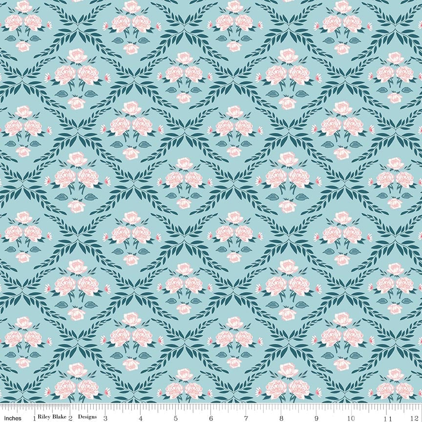 Correspondence Trellis Damask Aqua Fabric