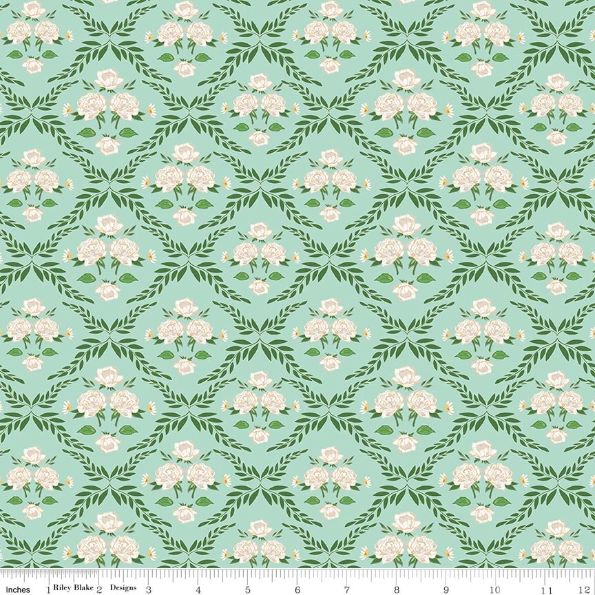 Correspondence Trellis Damask Mint Fabric
