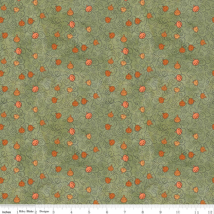 Spooky Pumpkins Green Fabric