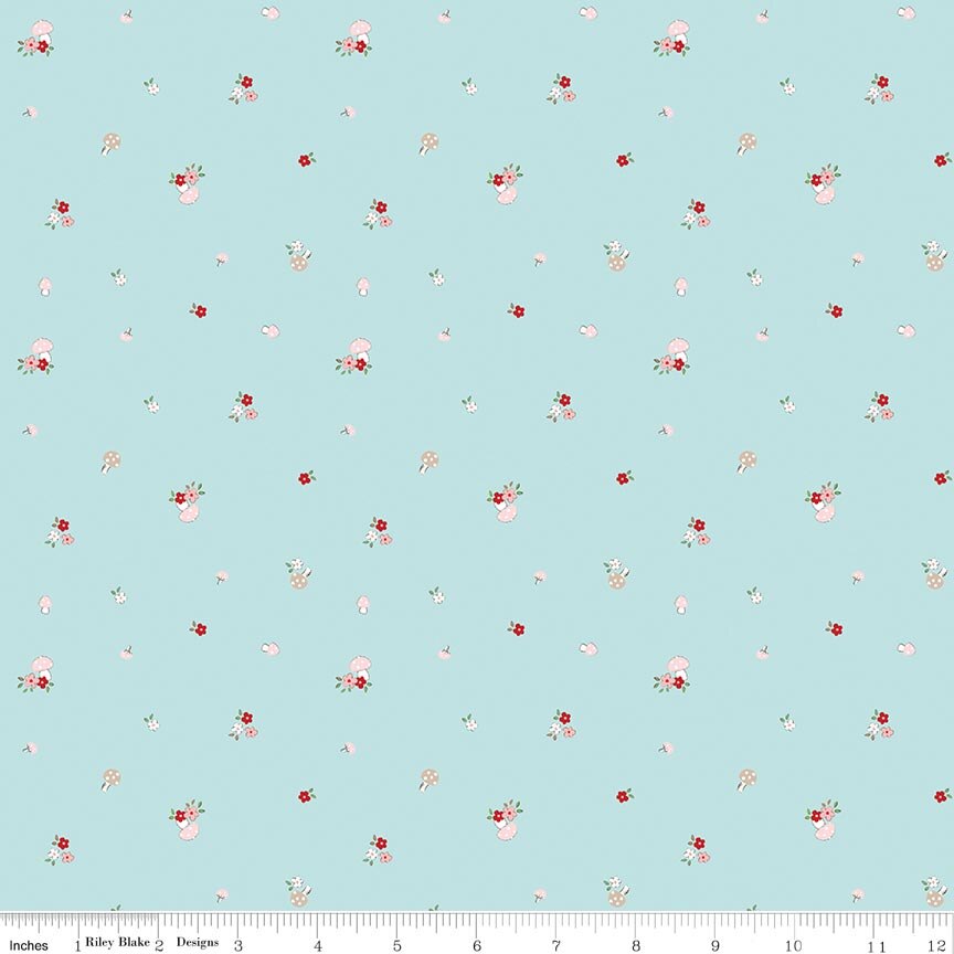 Whimsical Woodland Mushrooms Aqua Fabric