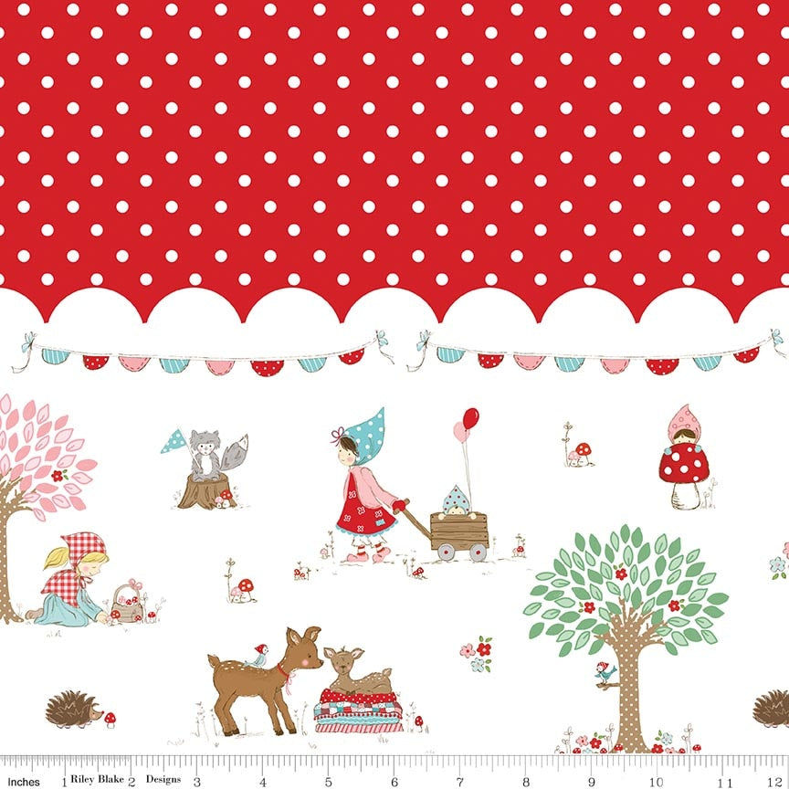 Whimsical Woodland Border Print Red Fabric by Riley Blake Designs