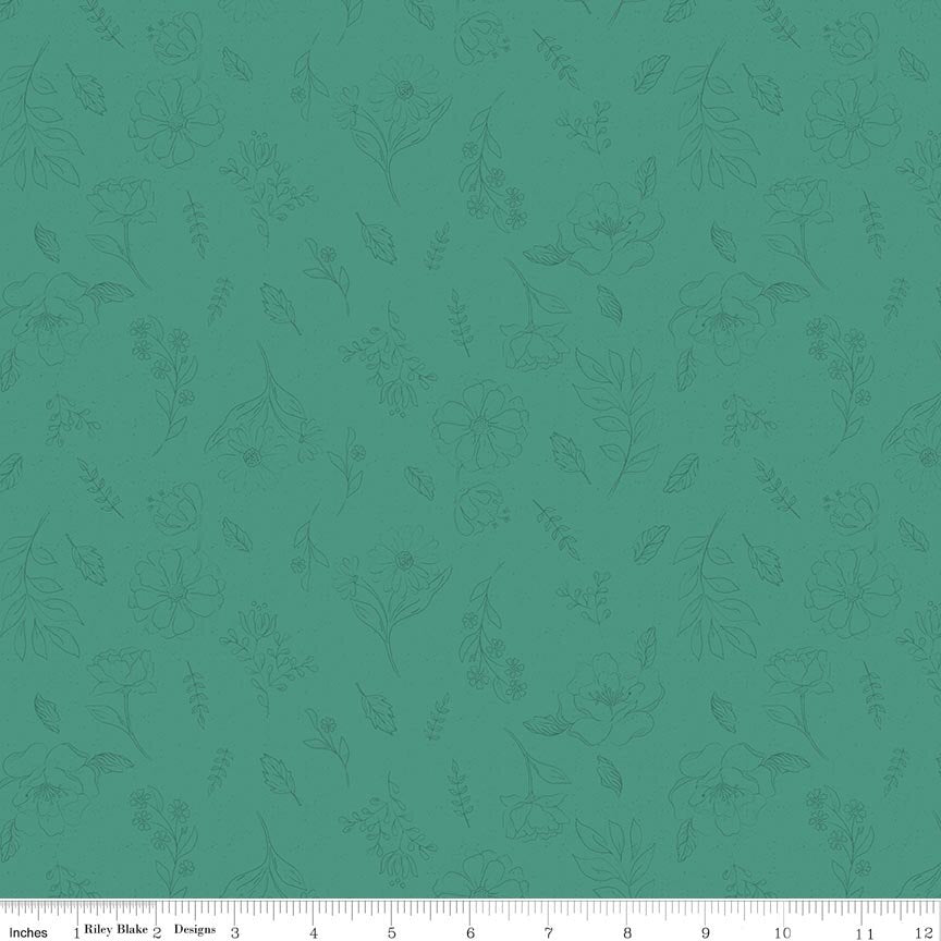 Orchard House Sketch Floral Teal Fabric