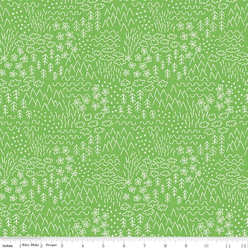 Colorful Critters Sketch Green Fabric