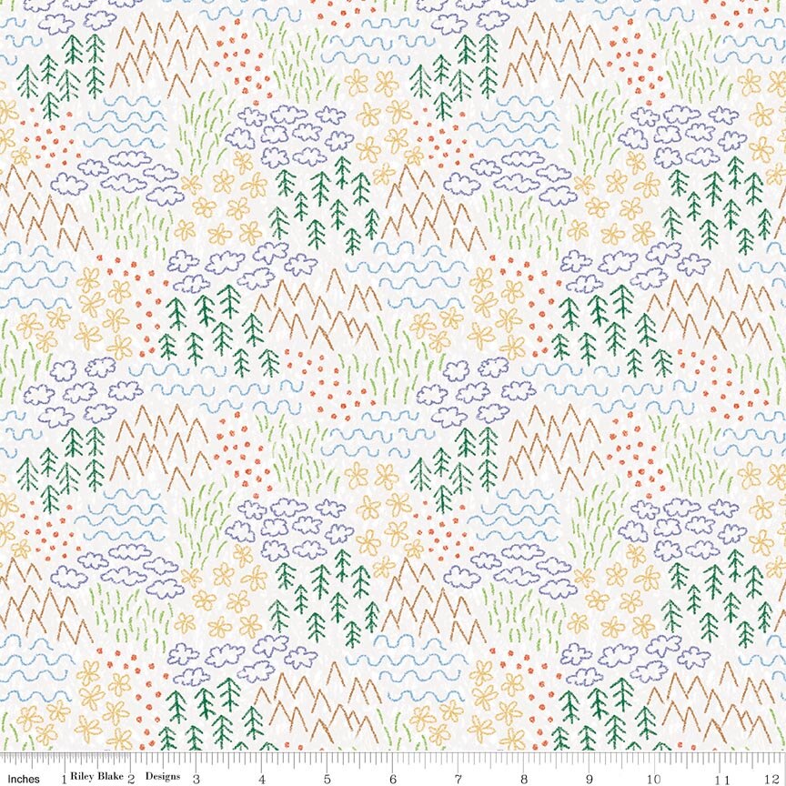 Colorful Critters Sketch White Fabric