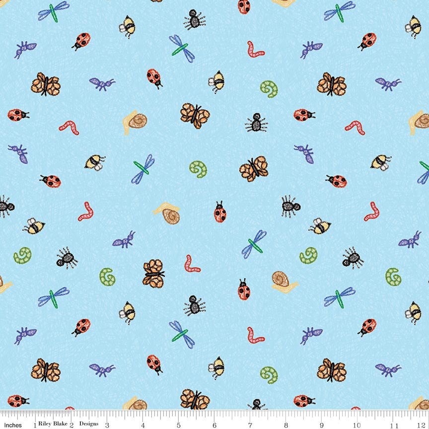 Colorful Critters Bug Toss Blue Fabric