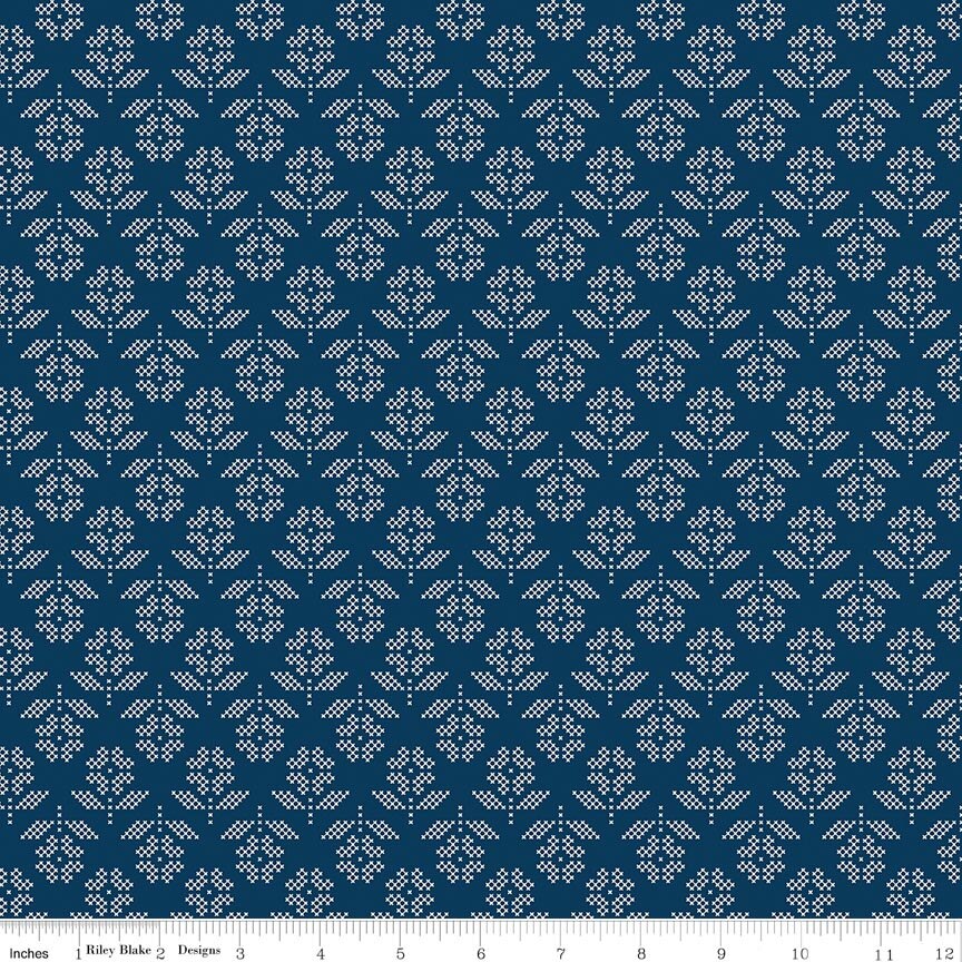 Denim & Daisy Flowers Oxford Blue Fabric by Lori Holt for Riley Blake Designs