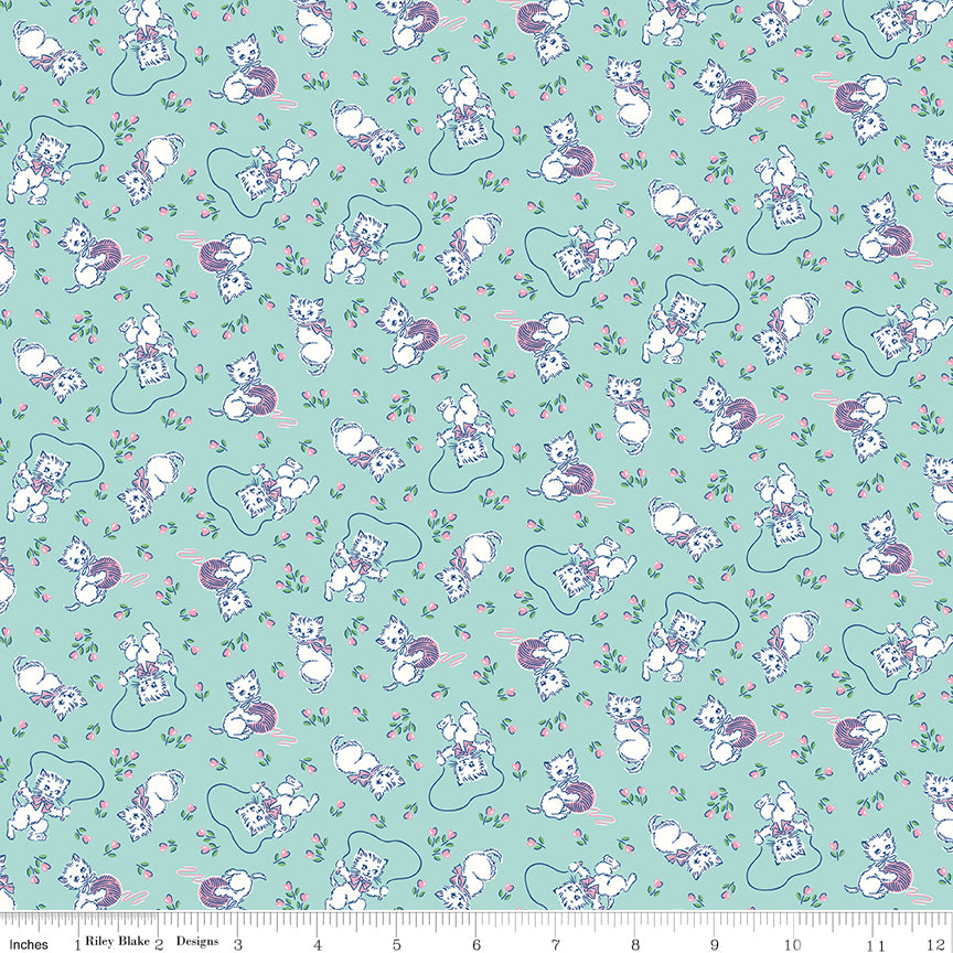 Traditional 30's Kittens Blue Fabric