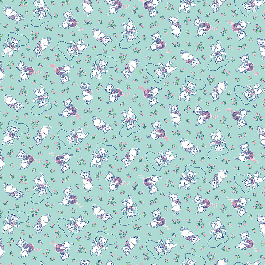 Traditional 30's Kittens Blue Fabric
