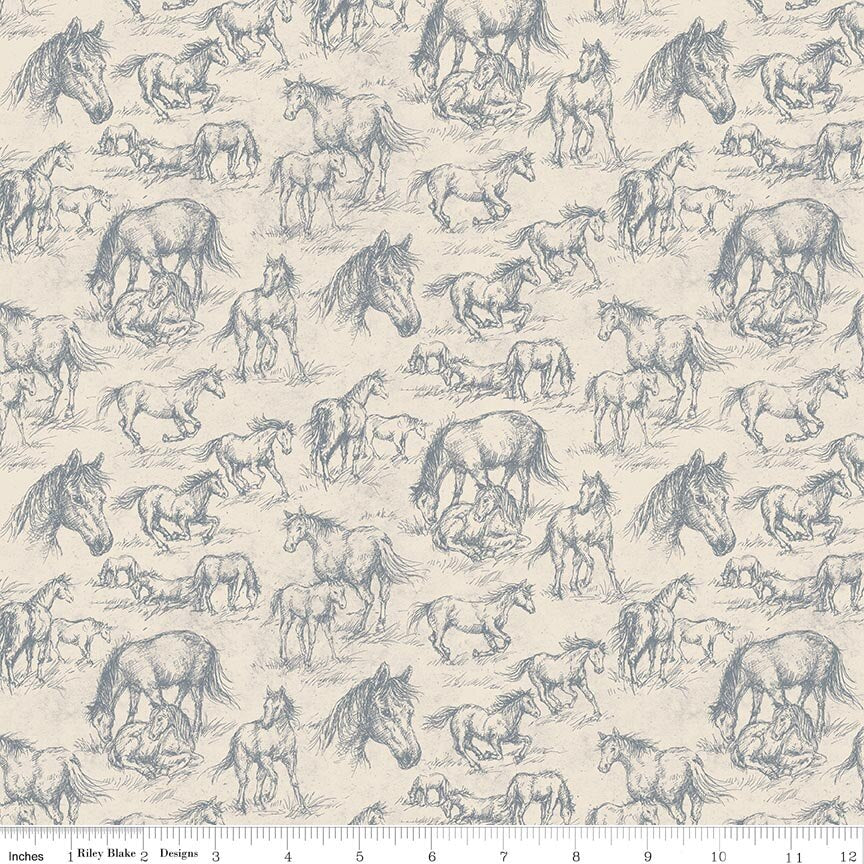 Horseshoe Creek Horses Linen Fabric