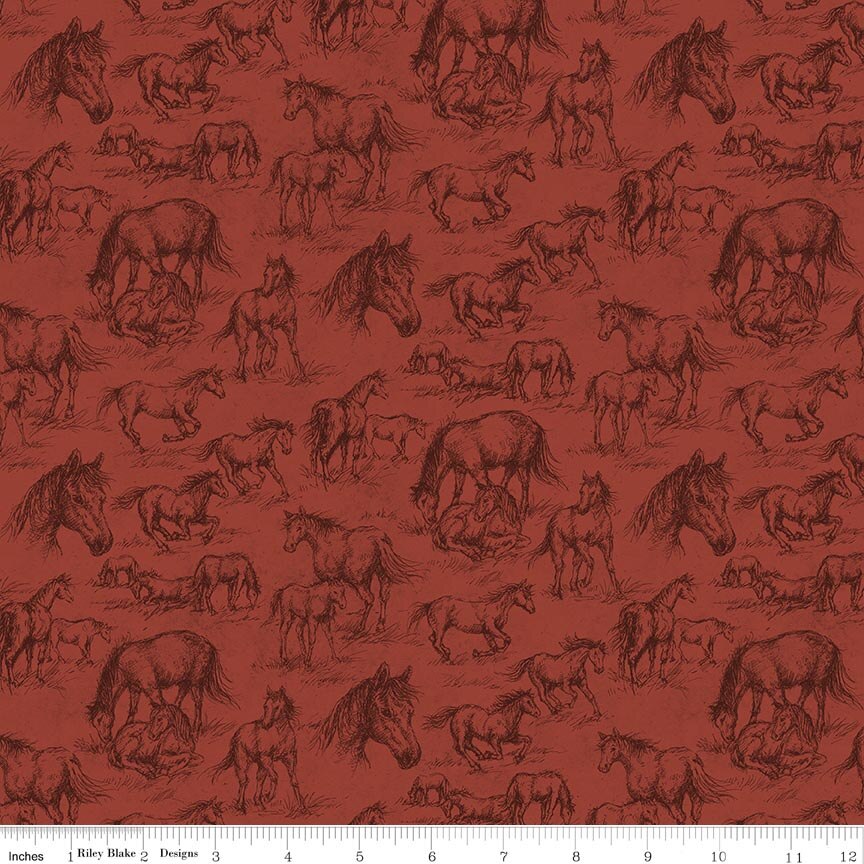 Horseshoe Creek Horses Terracotta Fabric