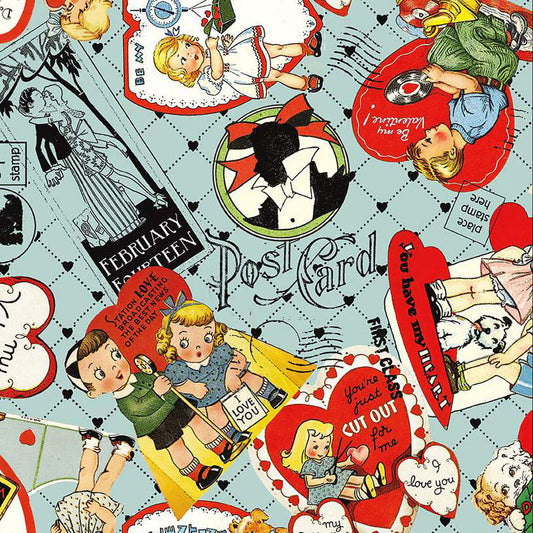 Take Heart Valentine Card Toss Aqua Fabric - By the yard