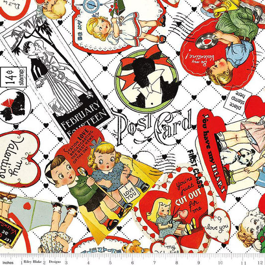 Take Heart Valentine Card Toss White Fabric - By the yard
