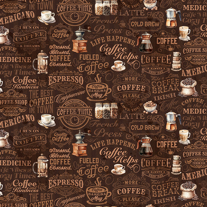 Coffee Time Text Brown Fabric - By the yard