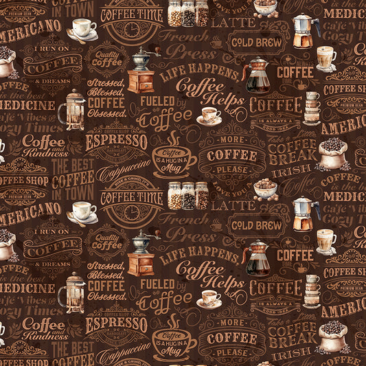 Coffee Time Text Brown Fabric - By the yard